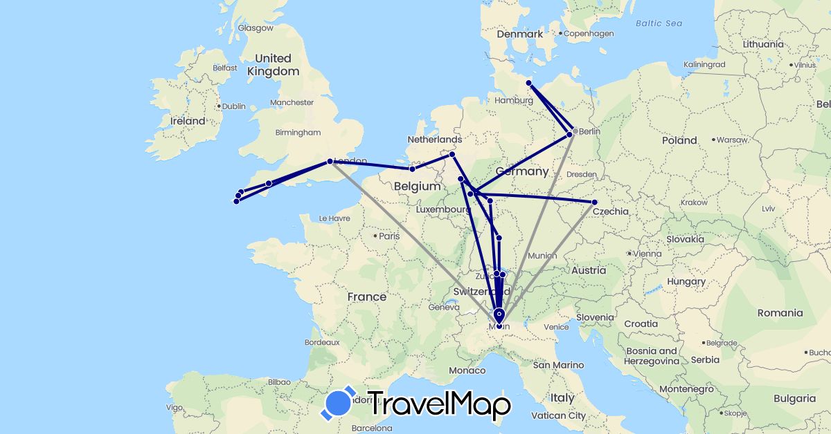 TravelMap itinerary: driving, plane in Belgium, Switzerland, Czech Republic, Germany, United Kingdom, Italy (Europe)